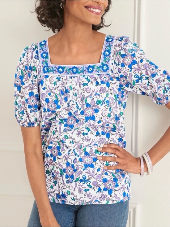 Tops - Talbots Square Neck Blouse Lavender/White Womens Sz M Songbird Floral Novelty
